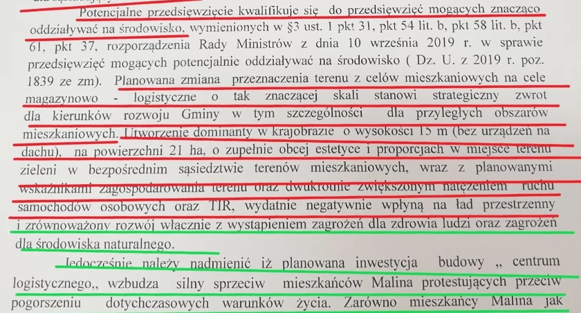 Fragment opracowania Sanepidu dotyczącego planowanego centrum logistycznego.