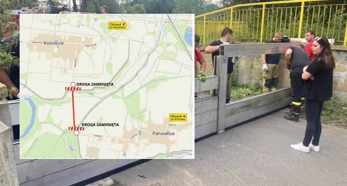Zapora ustawiona na drodze (fot. Gmina Oborniki Śląskie)