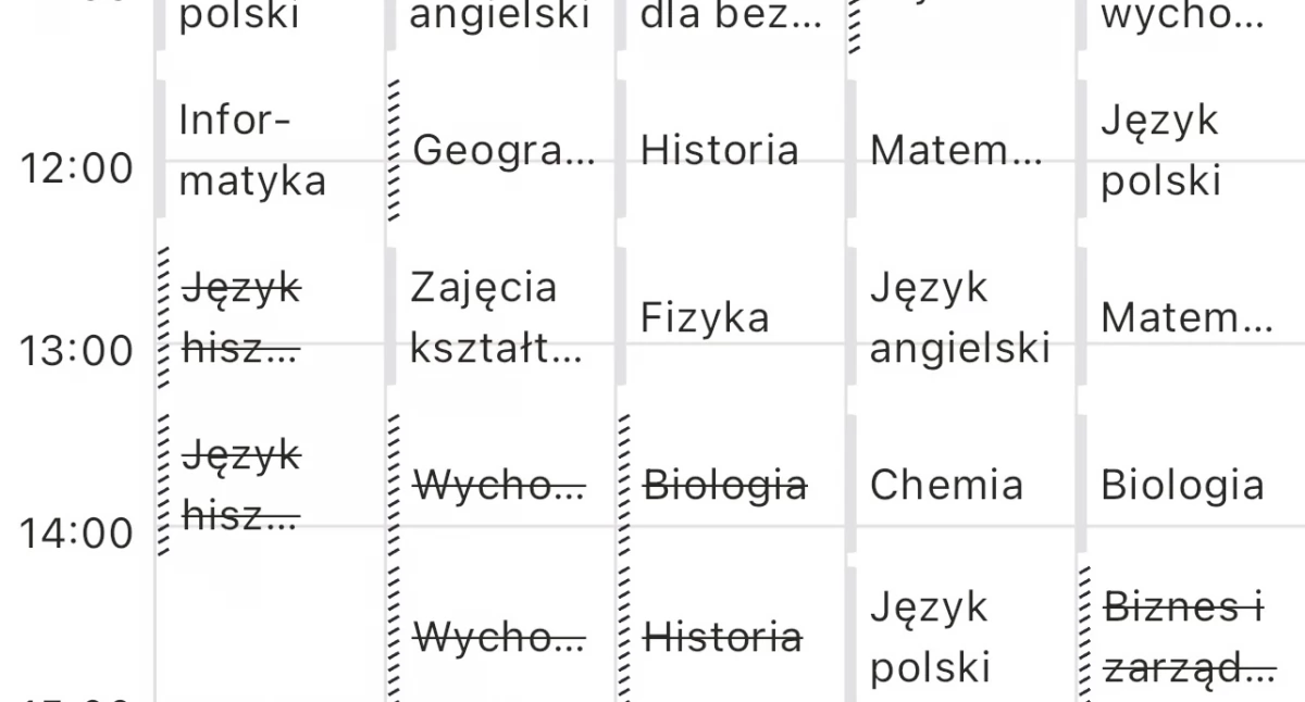 Linia przerywana z lewej strony przedmiotu oznacza zastępstwo. Przekreślenie nazwy przedmiotu oznacza odwołanie lekcji