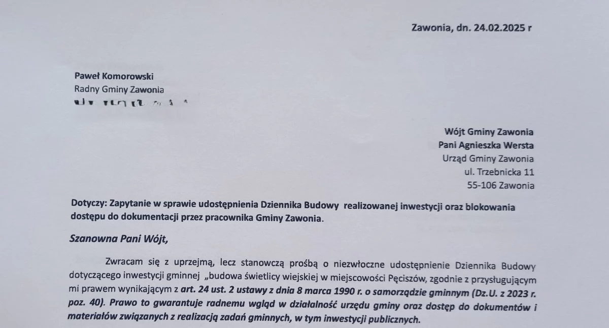 Screen prośby radnego o wgląd do dziennika budowy