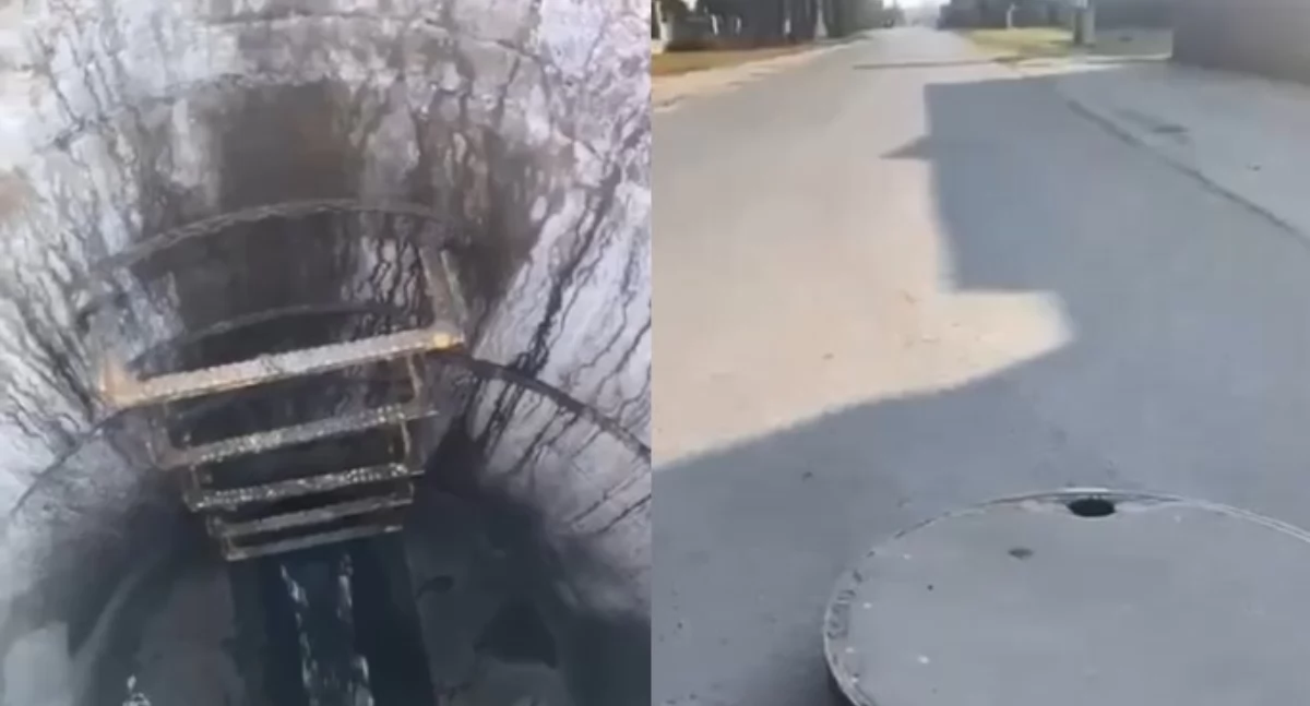 Po lewej płynące ścieki w kanalizacji burzowej. Po prawej kadr wykonany w tym samym momencie pokazujący, że jest sucho - nie padał deszcz