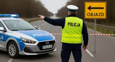 Tragiczny wypadek na drodze krajowej nr 15: Mercedes zderzył się z ciężarówką, kierowca zginął. Objazd drogi Trzebnica - Milicz.